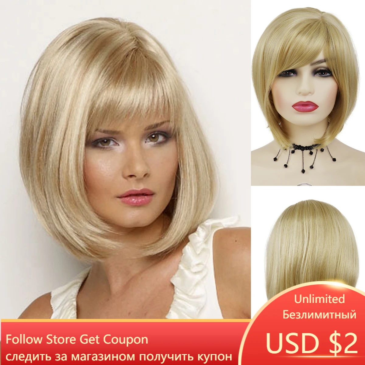 

GNIMEGIL Synthetic Hair Blonde Wig with Bangs for White Women Short Bob Wigs Pre-plucked Haircut 90s Look Natural Wig Soft Fiber