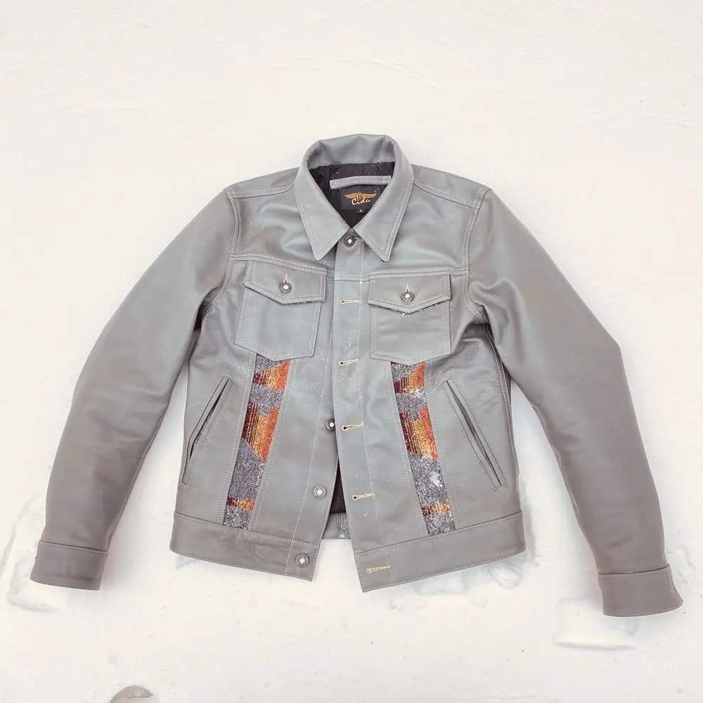 

Tailor Brando J-32 Super Top Quality Argentine Uncoated Leather TYPE3 Navajo Totem Classic Fashion Denim Jacket