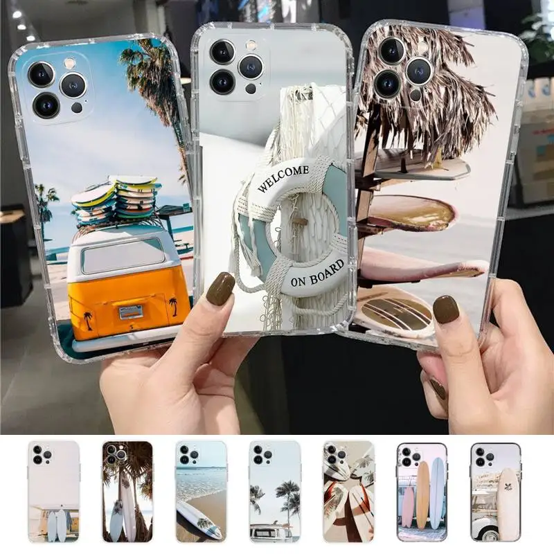 

Summer beach surfboard surfing Phone Case For iPhone 13 14 Pro Max XS XR 12 11 Pro 13 Mini 6 7 8 Plus Clear Back Cover Capa