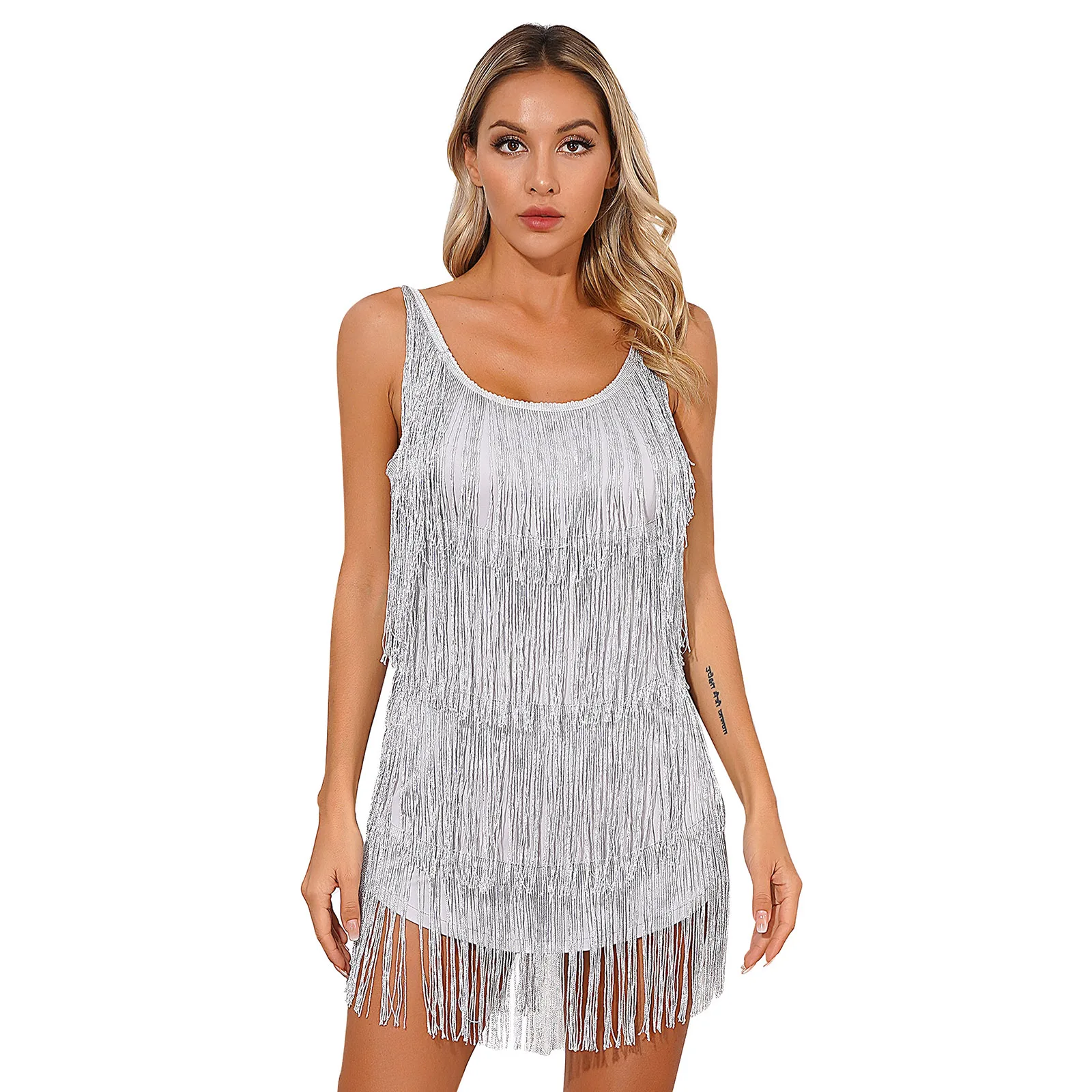 

Sexy 2023 Womens Fashion Tiered Fringe Dress Glittery Tassel Backless Flapper Dresses Cocktail Party Dance Performance Costume