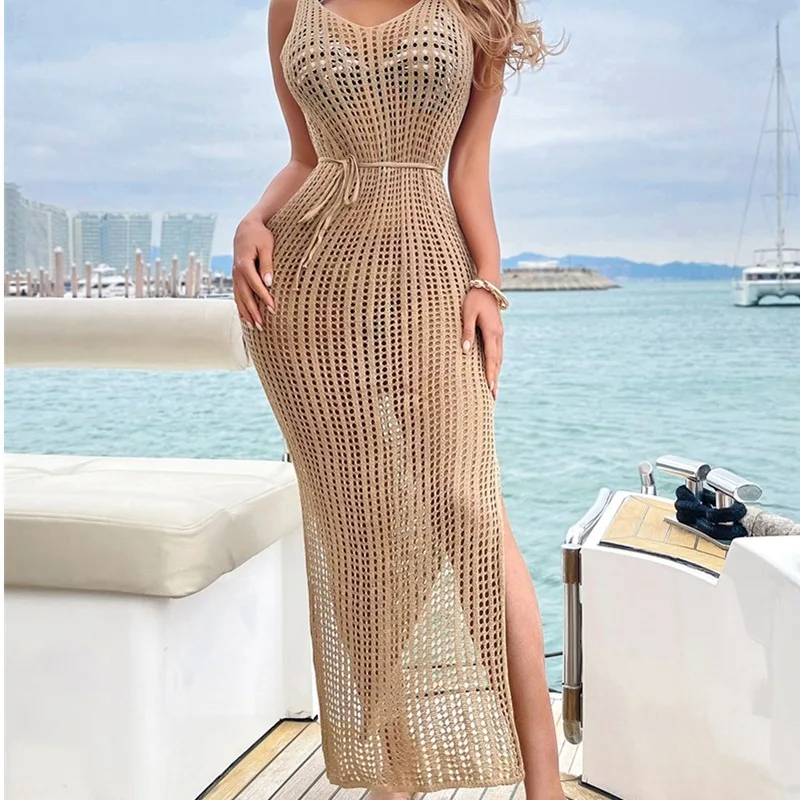 

Beach Smock Knitted Bikini Sunscreen Shirt Loose Solid Color Hollowed Out Dress Beach Cover Ups for Women Beach Cover-up Blouse