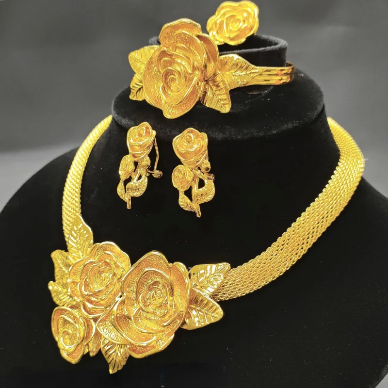 

24k Chapado En Oro Dubai Flor Collar Pulsera Pendientes Anillo 2023 Nueva Boda India Nigeriana Conjunto De Joyas De Las Mujeres