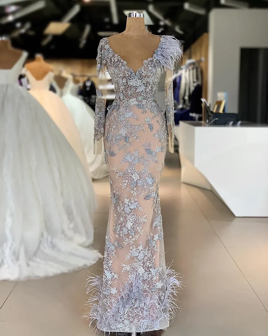 

Сексуальное вечернее платье, кружевное платье с аппликацией, платье для матери невесты, серебристо-серое платье с V-образным вырезом, юбкой-годе, перьями, кристаллами, бусинами, 3D цветочные платья