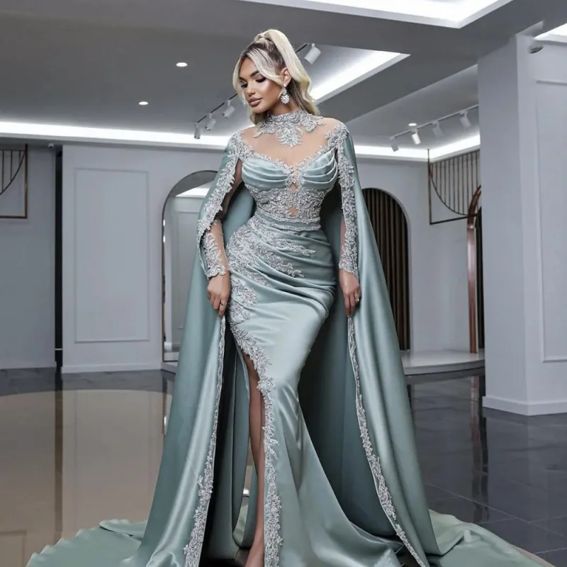 Mint High Collar Mermaid Evening Dresses with Cape Customized Best Price Split Open Formal Party Gowns For Women
Mint High Collar Mermaid Evening Dresses with Cape Customized Best Price Split Open Formal Party Gowns For Women