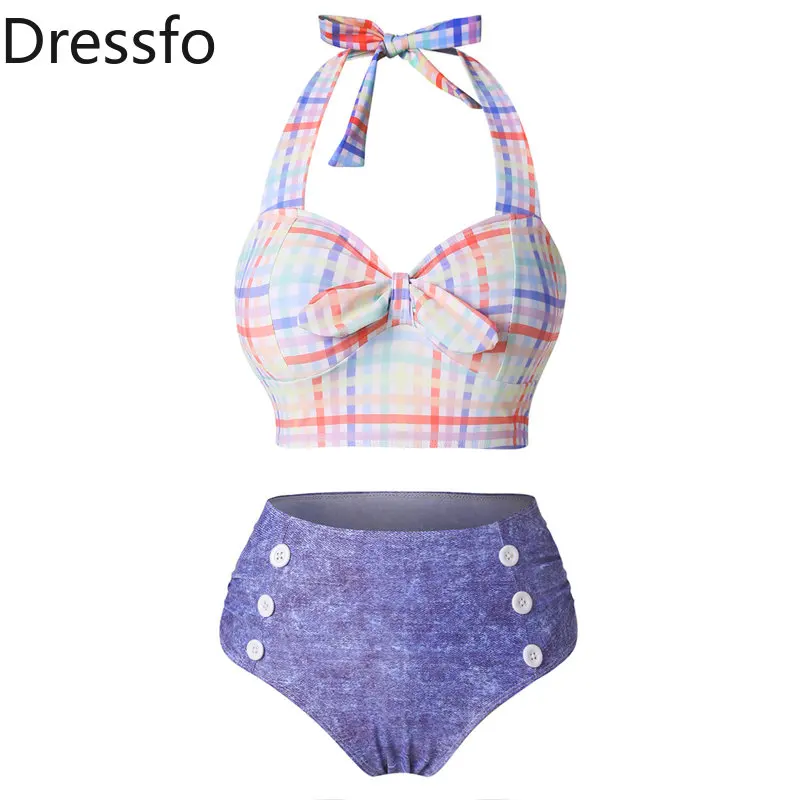 

Dressfo Plaid Bow Tie Halter Swimwear Mock Button Faux Denim Briefs Tankini Swimsuit Women Bikini Set Bathing Suit 2023 New