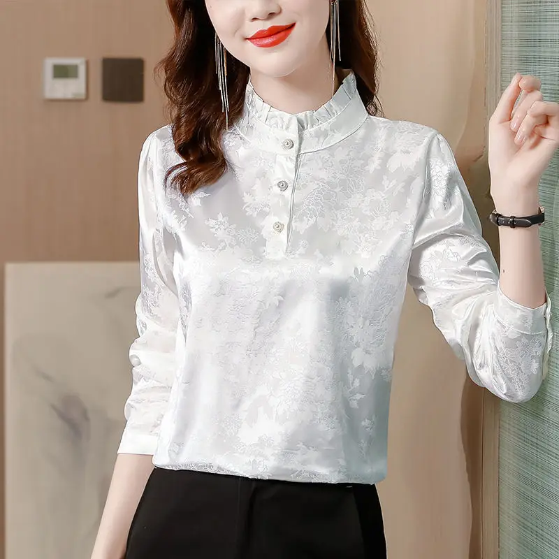 Spring Chinese Style Printing Solid Color Satin Half Height Collar Long Sleeve Blouse Ladies Temperament Ruffles Pullover Shirts
Spring Chinese Style Printing Solid Color Satin Half Height Collar Long Sleeve Blouse Ladies Temperament Ruffles Pullover Shirts
