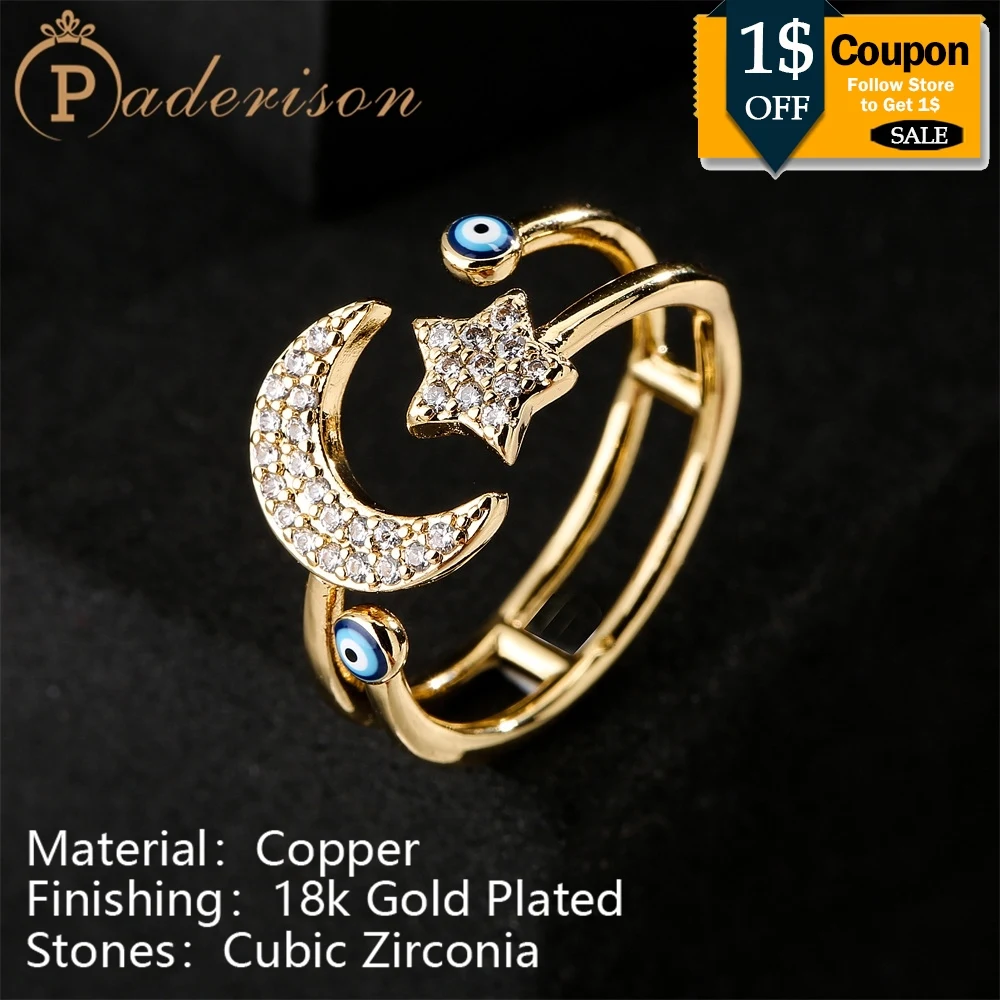 Fashion Vintage Shiny Zircon Star Moon Opening Ring For Women Geometric Resin Devil'S Eye Ring Copper 18k Gold-Plated Jewelry
Fashion Vintage Shiny Zircon Star Moon Opening Ring For Women Geometric Resin Devil'S Eye Ring Copper 18k Gold-Plated Jewelry