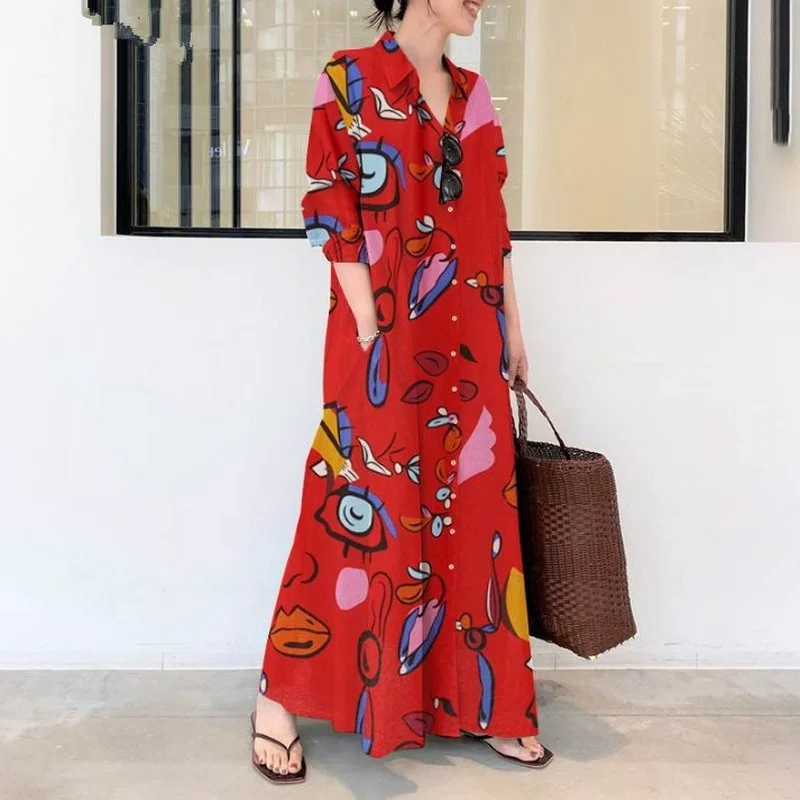 Cotton and Linen Print Dress Women's Lapel Long-sleeved Pockets Simple Loose Casual Long Cardigan Cartoon Slim Long Skirt
Cotton and Linen Print Dress Women's Lapel Long-sleeved Pockets Simple Loose Casual Long Cardigan Cartoon Slim Long Skirt
