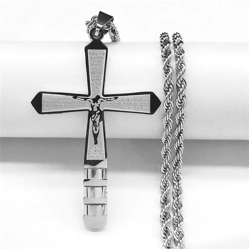 

Stainless Steel Catholicism Jesus Cross Necklace Silver Color INRI Crucifix Long Chain Necklaces Jewelry collier N4523S07