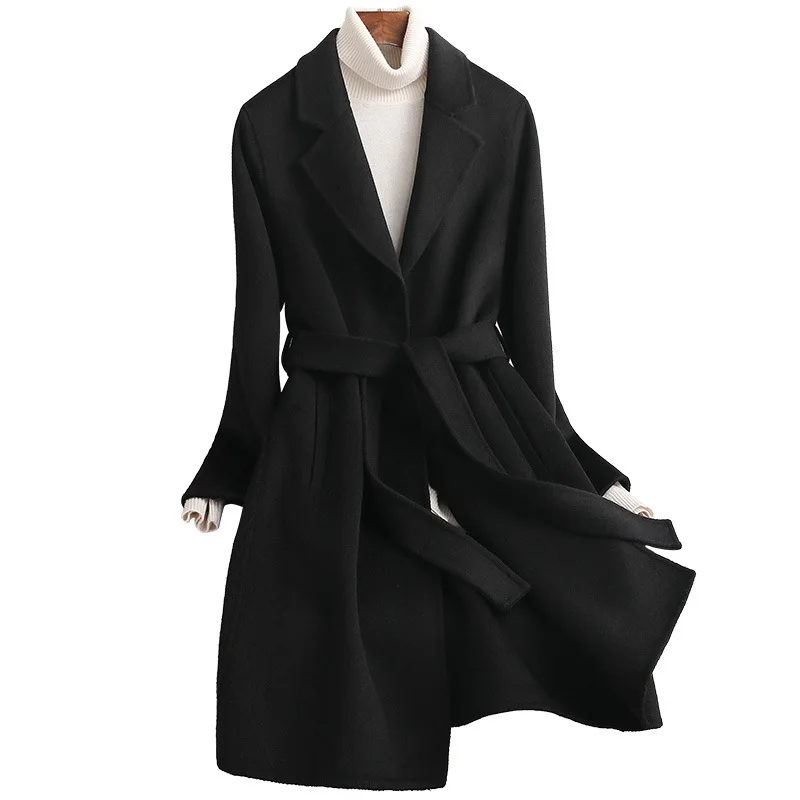 

Nice Autumn Winter Coat Turn Down Collar Women Woolen Jacket Elegant Belt Cashmere Long Casaco Feminino Outerwear Female