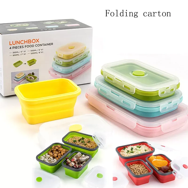 

NEW IN 4pcs/Set Silicone Rectangle Lunch Box Collapsible Bento Box Folding Food Container Bowl 300/500/800/1200ml For Dinnerware
