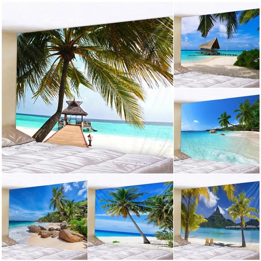

Ocean Beach Landscape Tapestry Tropical Island Coconut Trees Green Plants Seascape Nature Scenery Home Garden Decor Wall Hanging