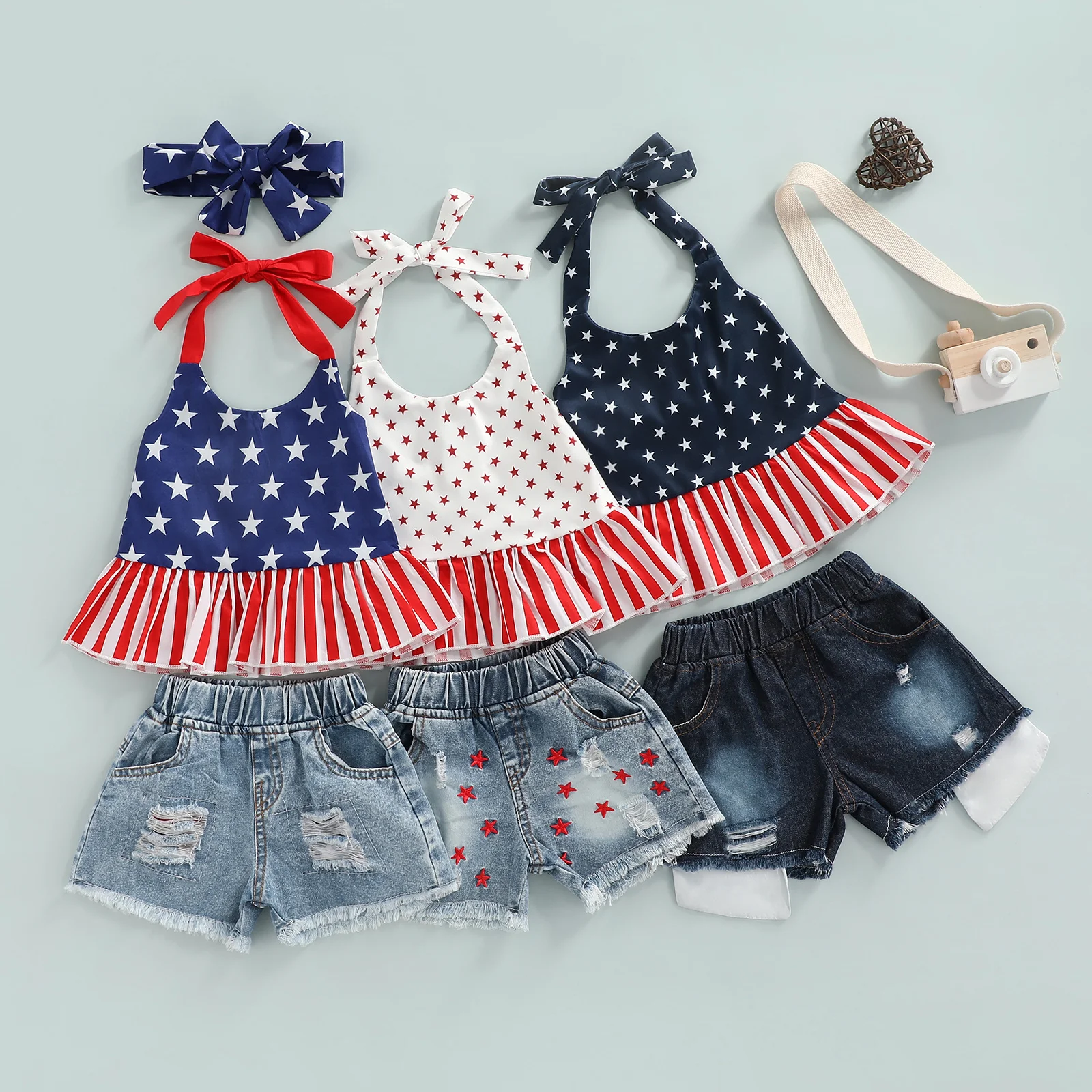 

Citgeett Summer Independence Day Kids Infant Girls Outfits Ruffled Star & Stripe Print Halter Tops + Ripped Jeans Clothes Set