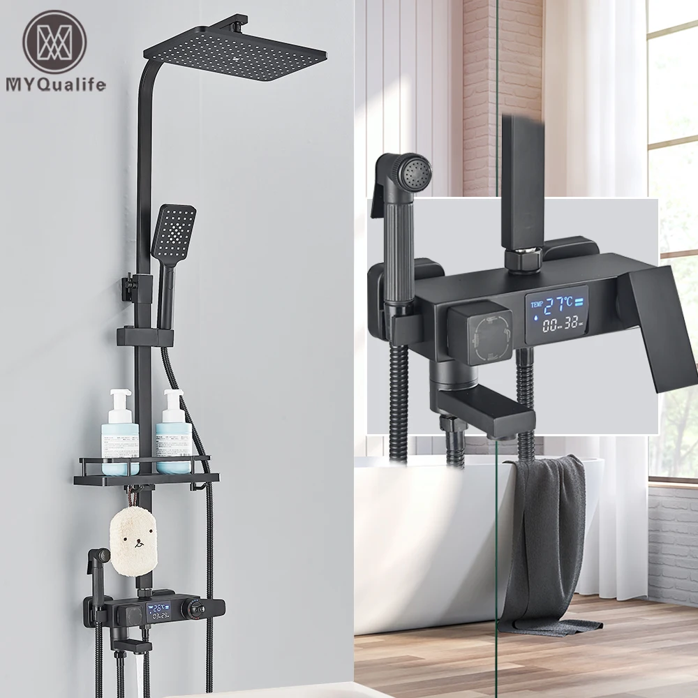 

Black Thermostatic Digital Display Shower Faucet Set Rainfall Bathtub Tap With Bathroom Shelf With Water Motor Mixer Crane