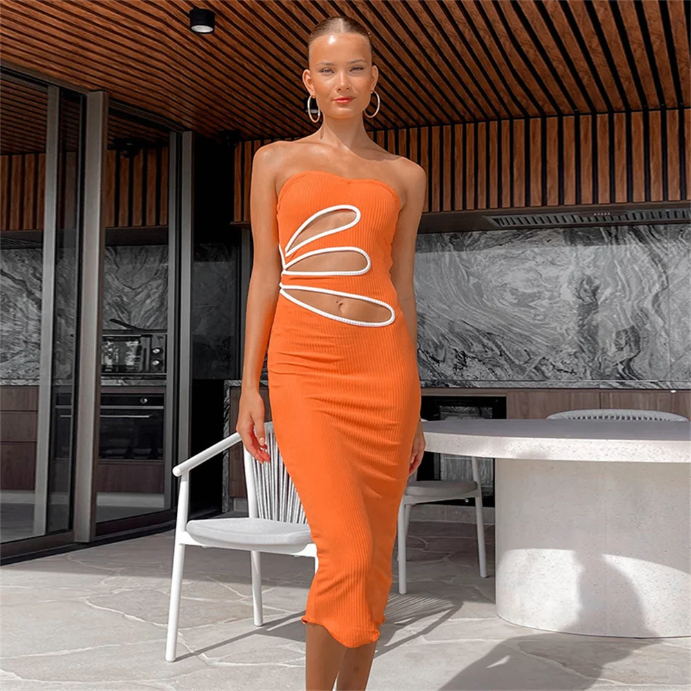 

Women Strapless Midi Dress Summer Orange Hollow Out Off Soulder Sexy Slim Mid-calf Long Party Club Dresses Vestido