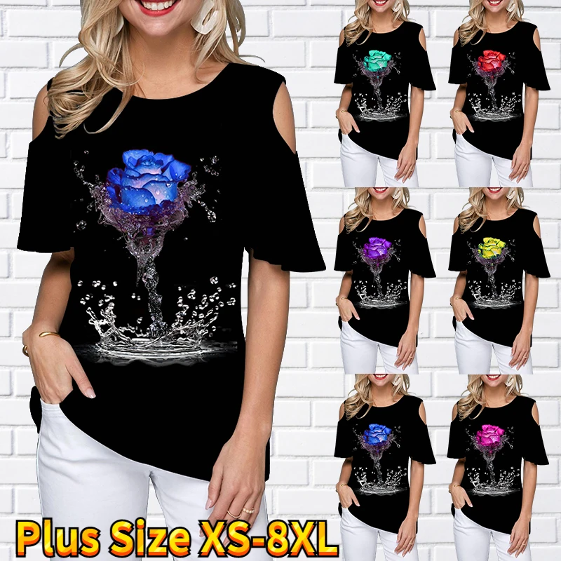 Rose Printed Top Summer Ladies Fashion Round Collar Temperament Top Off-the-shoulder Casual Short Sleeve Everyday Street T-shirt
Rose Printed Top Summer Ladies Fashion Round Collar Temperament Top Off-the-shoulder Casual Short Sleeve Everyday Street T-shirt