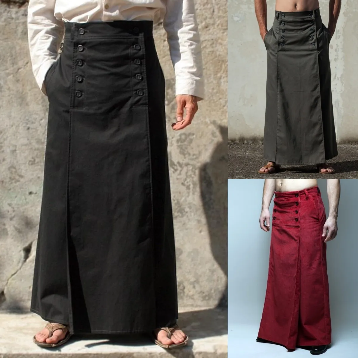 

Мужская Однотонная юбка с высокой талией, двубортная Свободная юбка в стиле ретро с карманами и прострочкой, 2023