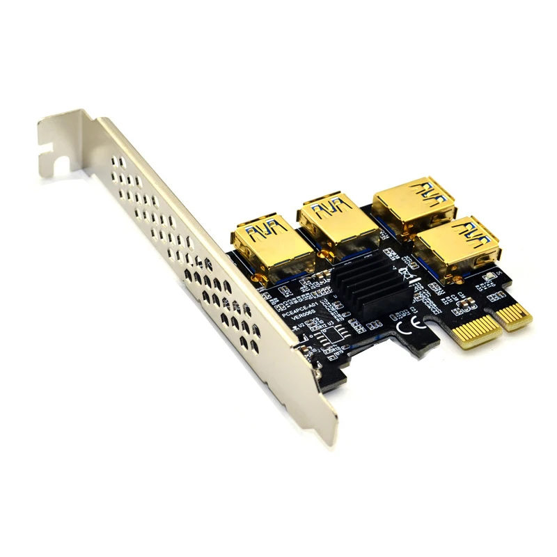 

Gold PCIE PCI-E Riser Card 1 to 4 USB 3.0 Multiplier Hub XI Express 1X 16X Adapter For Bitcoin ETH Mining Miner