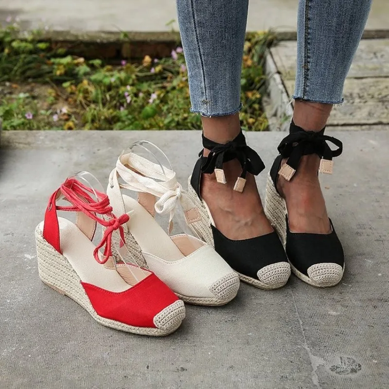 

New Women's Wedges Espadrilles Sandals Summer 2023 Ankle Strap Gladiator Sandalias Woman Plus Size Hemp Bottom Casual Shoes