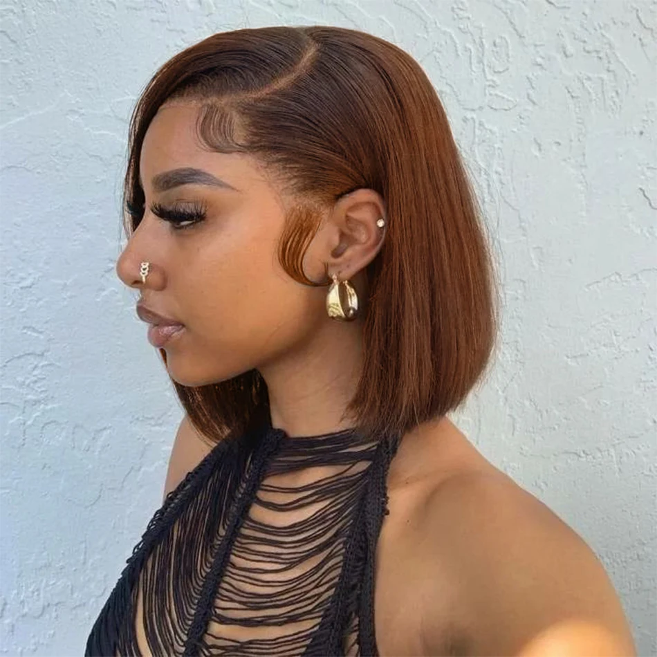 Straight Hair Brown Colored T Part Lace Short Bob Wigs Pre Plucked Brazilian Remy Human Hair Side Part Lace Wig For Women 180%
Straight Hair Brown Colored T Part Lace Short Bob Wigs Pre Plucked Brazilian Remy Human Hair Side Part Lace Wig For Women 180%