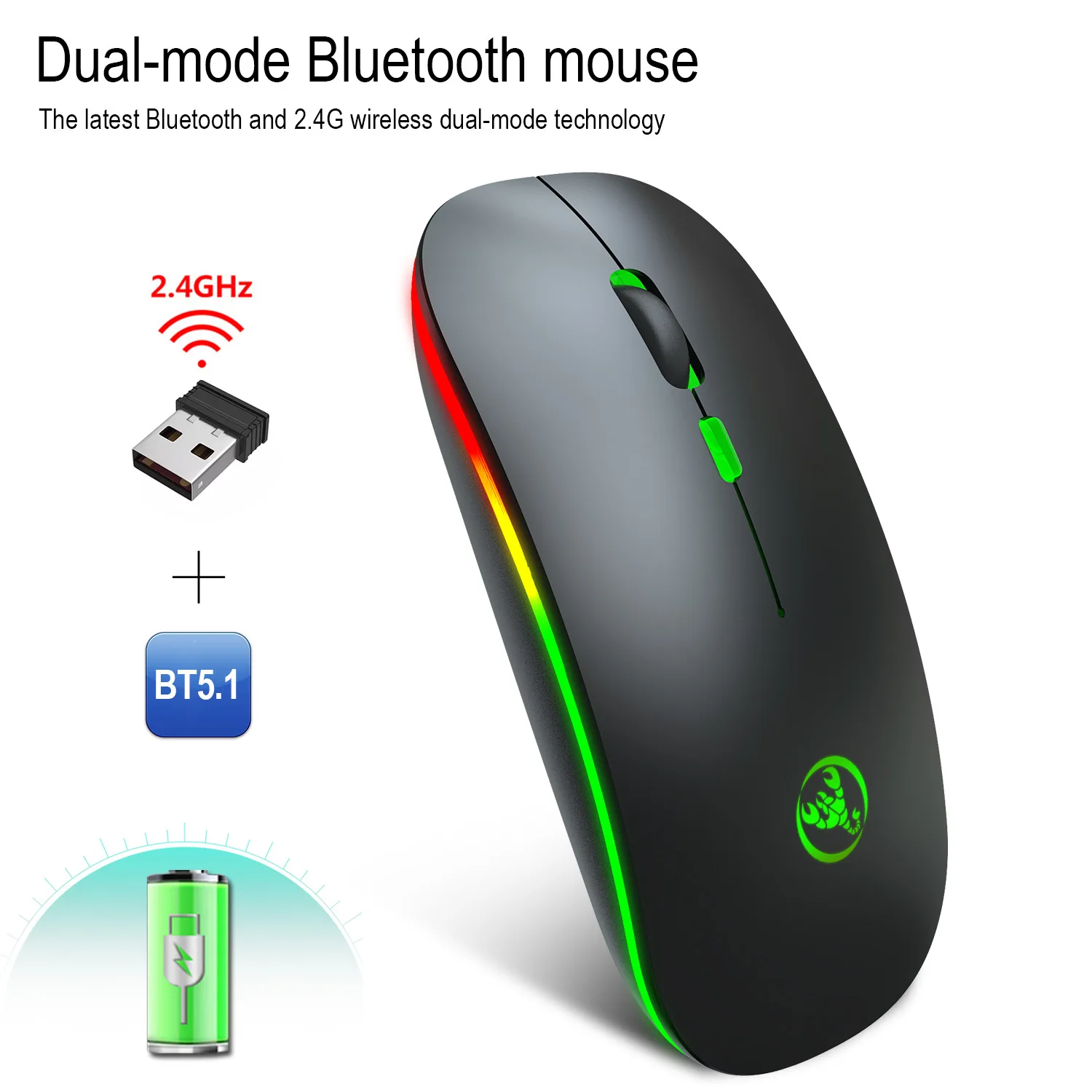 T18 Light-emitting Bluetooth 5.1 Dual-mode Charging Wireless Mouse Mute 2.4G Mouse With Rechargeable Battery RGB
T18 Light-emitting Bluetooth 5.1 Dual-mode Charging Wireless Mouse Mute 2.4G Mouse With Rechargeable Battery RGB