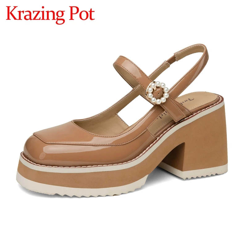 Krazing pot cow patent leather square toe super high heels platform pearl beauty lady streetwear buckle strap women pumps L90 
Krazing pot cow patent leather square toe super high heels platform pearl beauty lady streetwear buckle strap women pumps L90