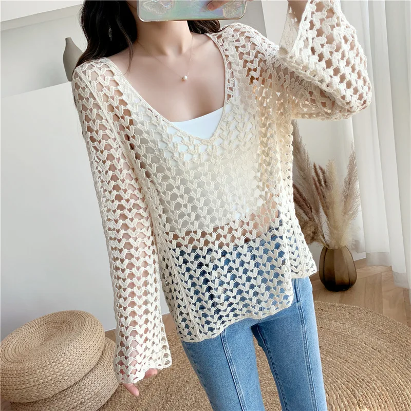 

Openwork Knitted Top Women's Early Autumn New Loose Outer Wear Idle Style Bottoming Shirt Micro Transparent Blouse Wholesale