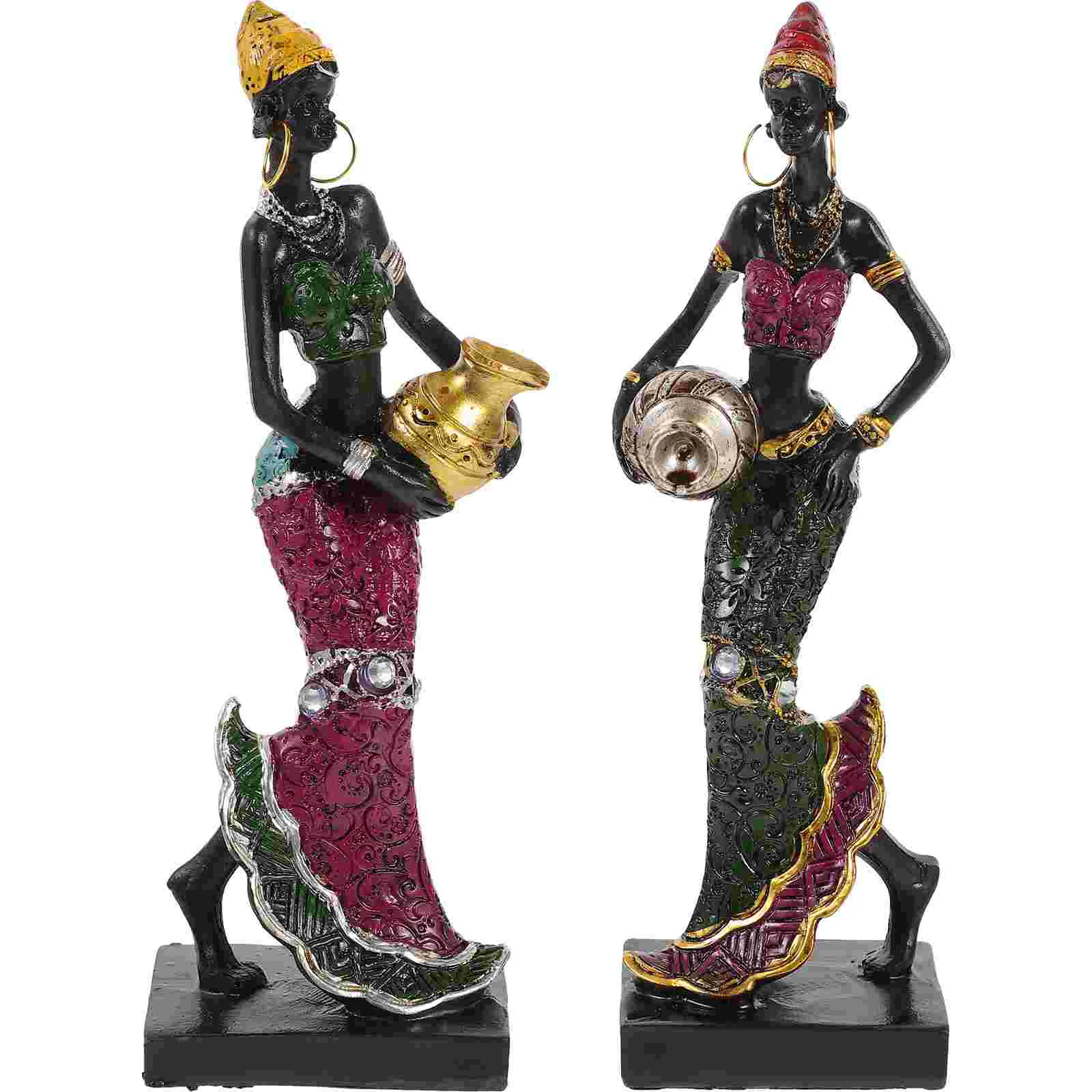 

2 Pcs Artwork Artistic Statue African Lady Desktop Tribal Figurine Woman Resin Sculpture Craft Miss