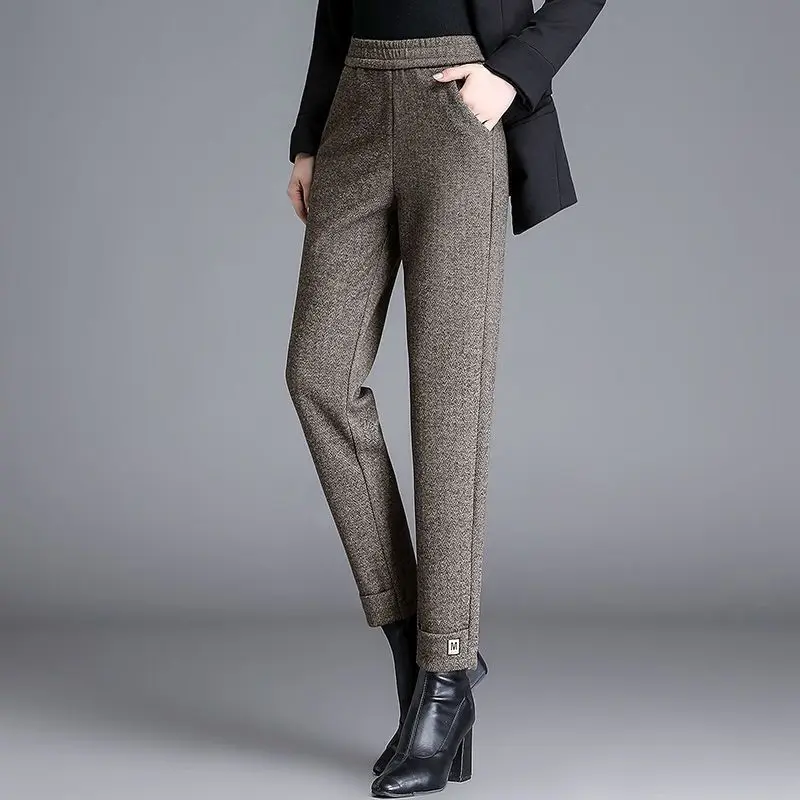 

Осенне-зимние шерстяные плотные Модные женские шаровары, офисные женские эластичные с высокой талией, однотонные повседневные универсальные шерстяные брюки A52