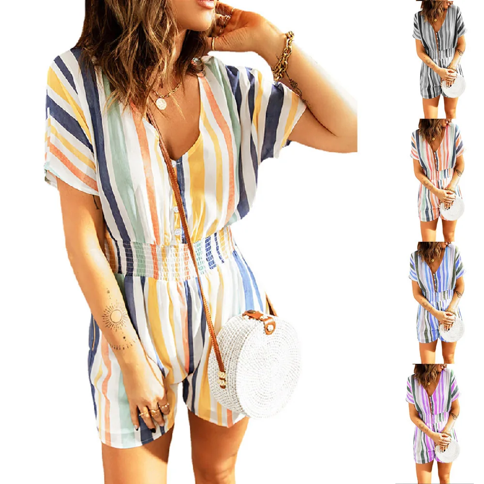 2022 Summer Fashion Newest Elastic Waist Striped Print Sexy V-Neck Rompers Womens Jumpsuit Shorts with Button Bodysuit
2022 Summer Fashion Newest Elastic Waist Striped Print Sexy V-Neck Rompers Womens Jumpsuit Shorts with Button Bodysuit