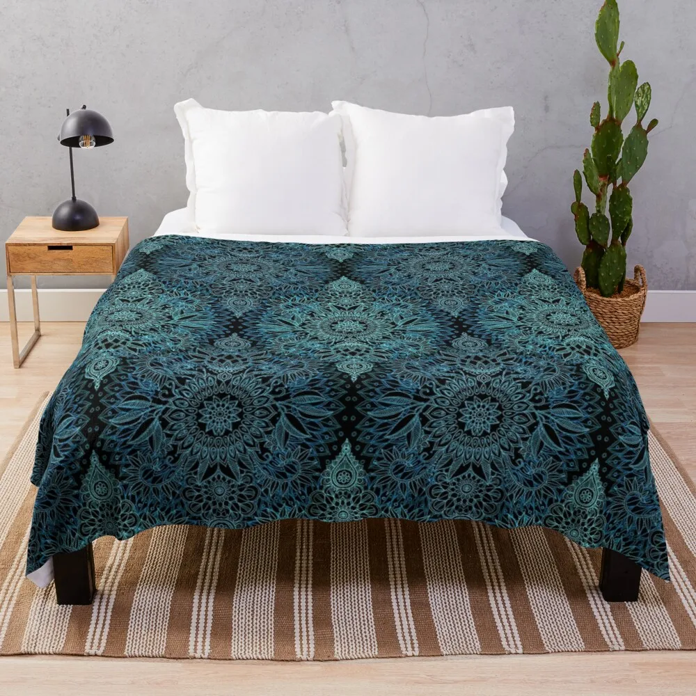 

Black, Teal & Aqua Protea Doodle Pattern Throw Blanket Decorative Blankets