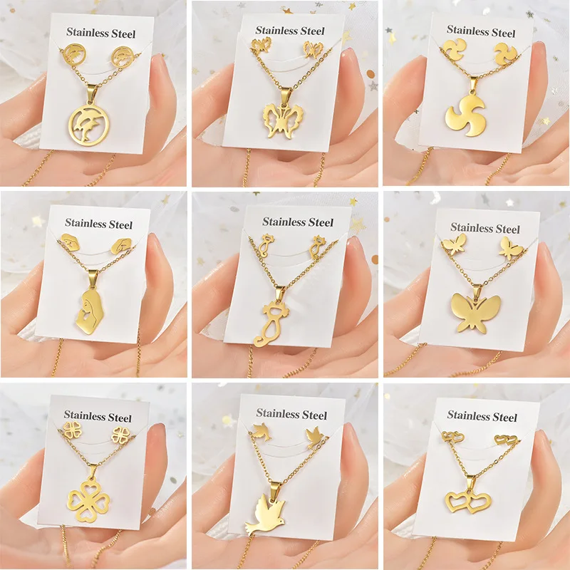 20set/lot Trendy Stainless Steel Butterfly Dolphin Pendant Chain Necklace Stud Earring for Women Party Fashion Jewelry Set
20set/lot Trendy Stainless Steel Butterfly Dolphin Pendant Chain Necklace Stud Earring for Women Party Fashion Jewelry Set