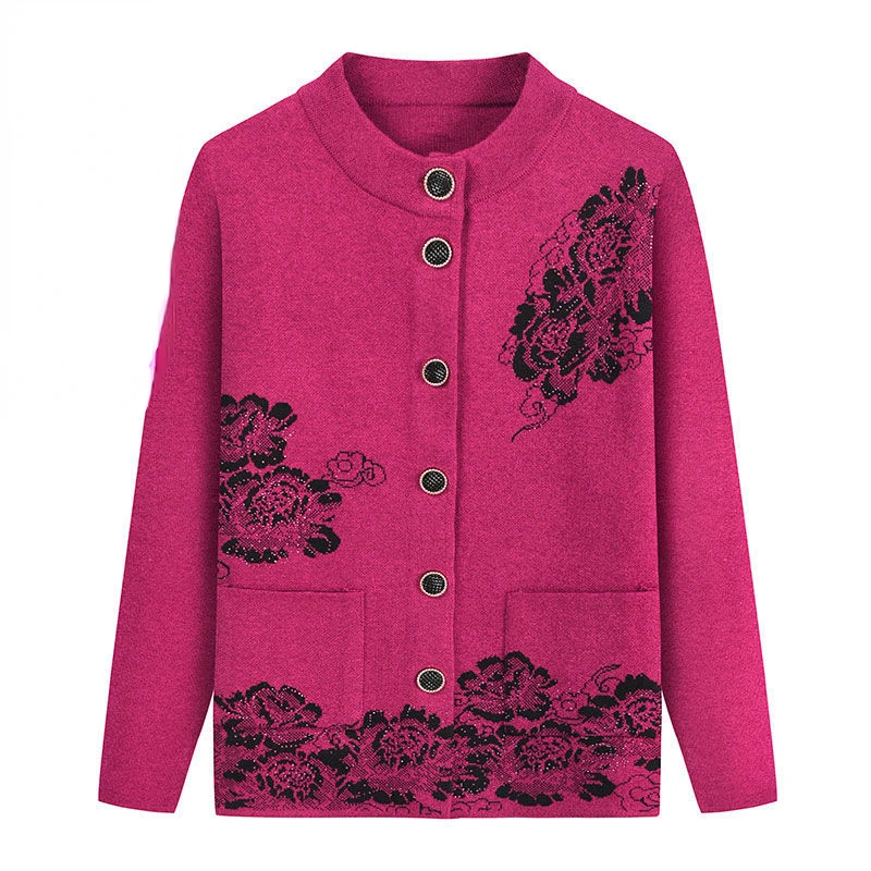 

Elderly Women Sweater Autumn Winter New Old-age Mother Knitwear Tops Velvet Thicken Grandma Cardigan Sweaters Coats K215