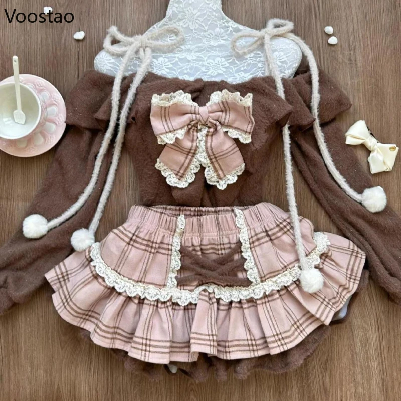 Японская мода Sweet Lolita комплект из 2 предметов женские коричневые топы в стиле