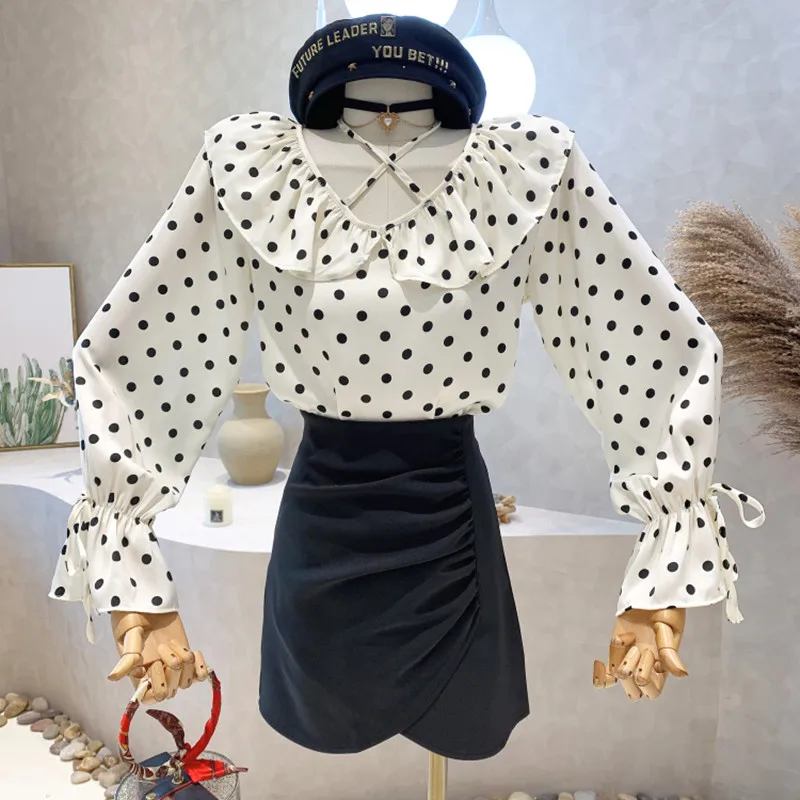 

New Women's Clothing 2022 Spring Long sleeved Polka Dot Chiffon shirt Design lotus leaf collar blouse Tops blusa feminina