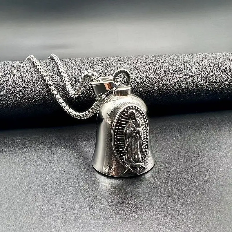 

Vintage Silver Color Punk Virgin Mary Bell Pendant for Men's Motorcycle Car Bell Accessories or Lucky Keychain Biker Gift