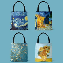 Oil Painting Blossoming Almond Tree / Starry Night Tote Bag Van Gogh Sunflower Women Handbag Canvas Shoulder Shopping Bags