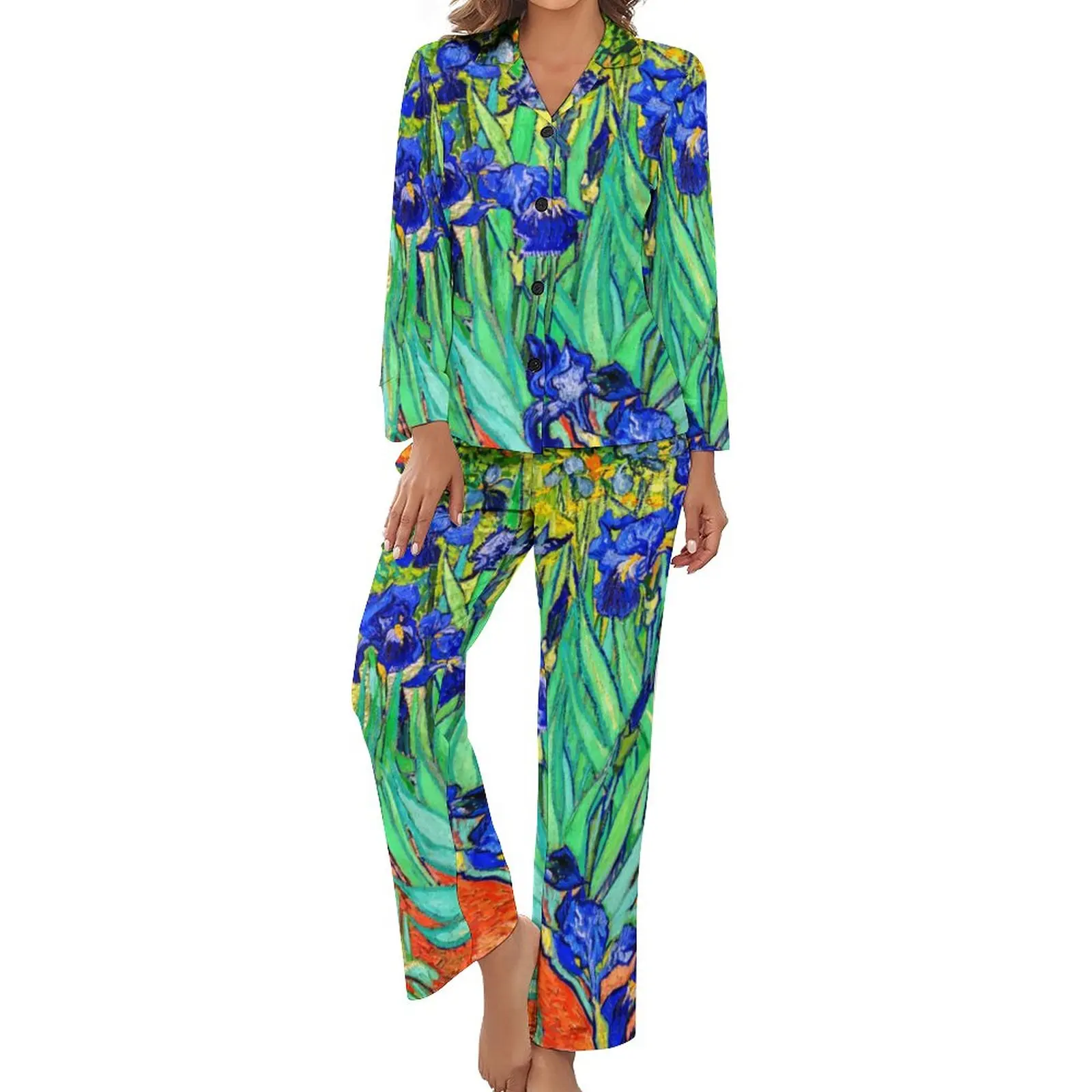 

Пижама Винсента Ван Гога женская, Милая Ночная рубашка с рисунком цветов, ирисы, повседневный костюм из двух предметов с длинным рукавом и V-образным вырезом, осень