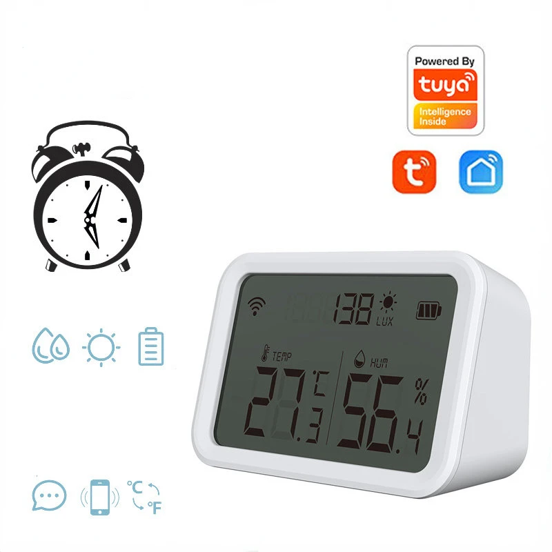 Tuya WiFi temperature and humidity light detection alarm clock 4 in 1 smart sensor temperature and humidity sensor date display
Tuya WiFi temperature and humidity light detection alarm clock 4 in 1 smart sensor temperature and humidity sensor date display