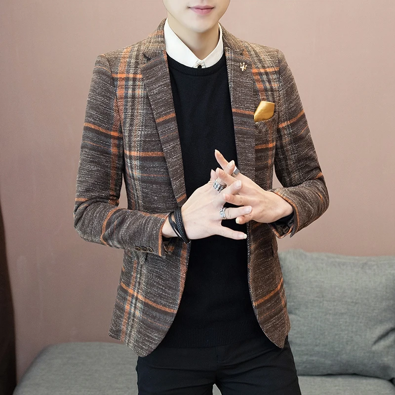 

2023 Men's Fashion Handsome Korean Version of Everything Matching Plaid Blazer Coat Youth British Slim Single West Thick Style