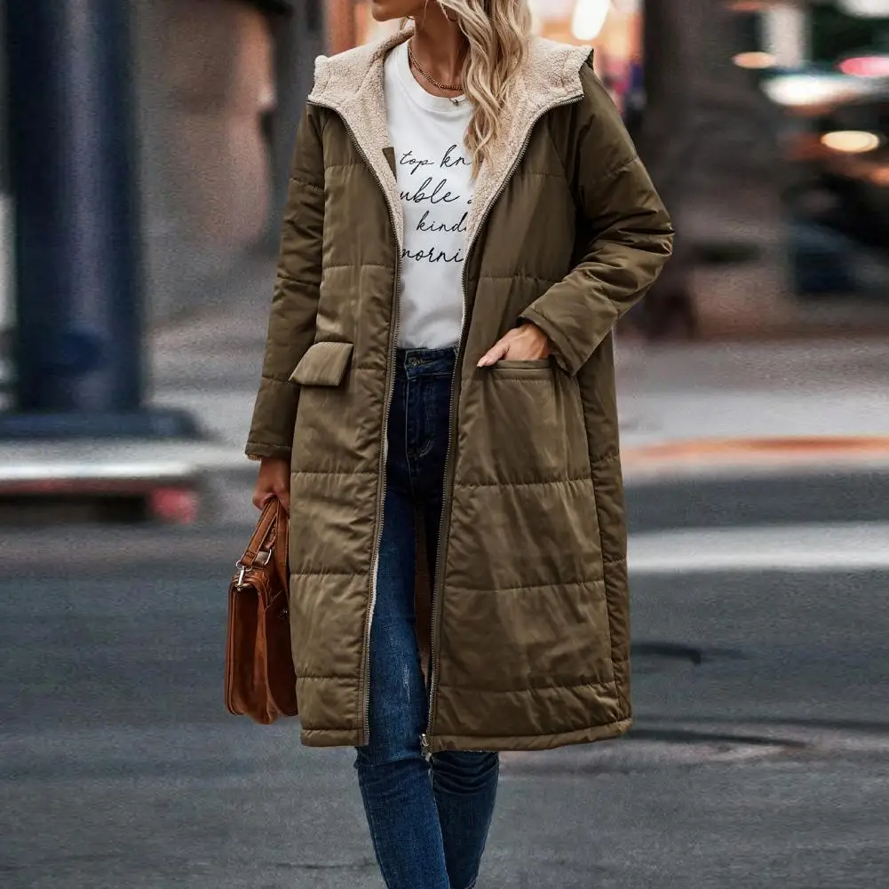 

Women's Winter Jacket Hooded Long Sleeve Fleece Lined Outerwear Zipper Fly Pockets Reversible Long Down Jacket