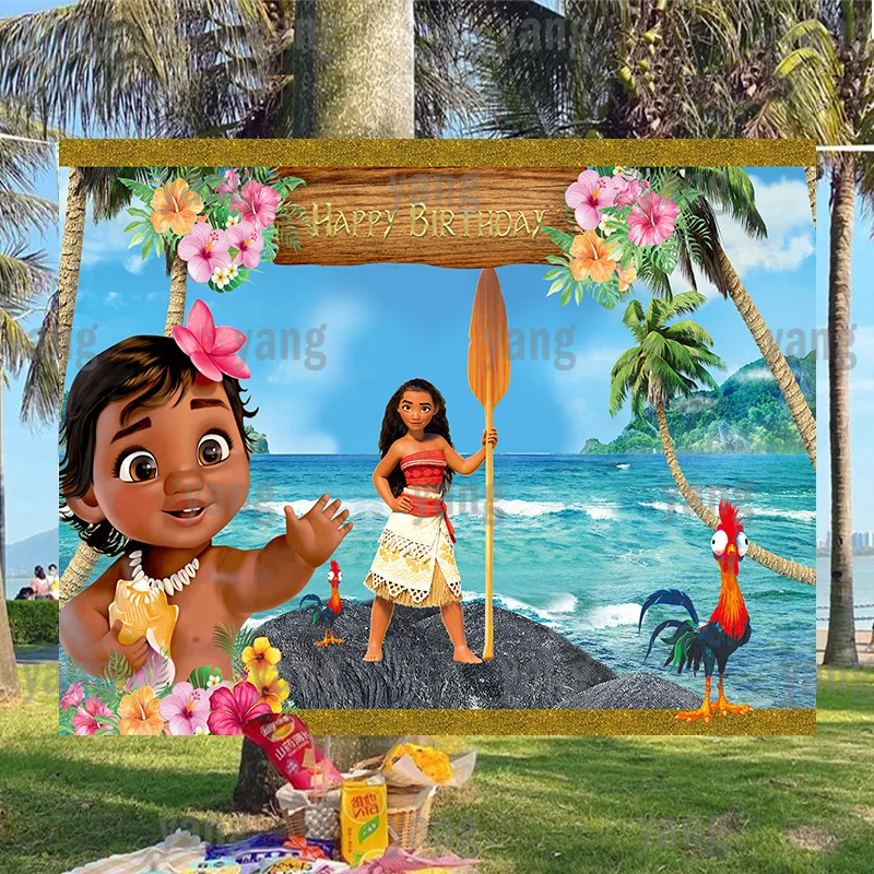 

Moana Princess Disney Ocean Flower Background Custom Cartoon Cute Hei Girl Birthday Party Decoration Banner Photography Backdrop