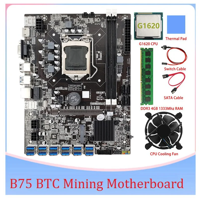 B75 BTC Mining Motherboard 12 PCIE To USB LGA1155 DDR3 4GB 1333Mhz RAM+G1620 CPU+SATA Cable B75 ETH Miner Mining
B75 BTC Mining Motherboard 12 PCIE To USB LGA1155 DDR3 4GB 1333Mhz RAM+G1620 CPU+SATA Cable B75 ETH Miner Mining