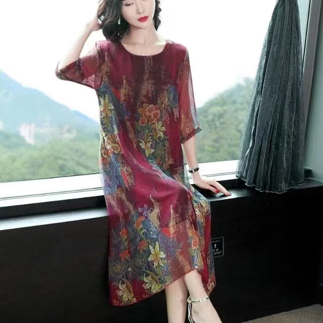 

EE37 New middle-aged mom summer chiffon dress with a stylish waistband that looks slimmer for middle-aged and elderly women