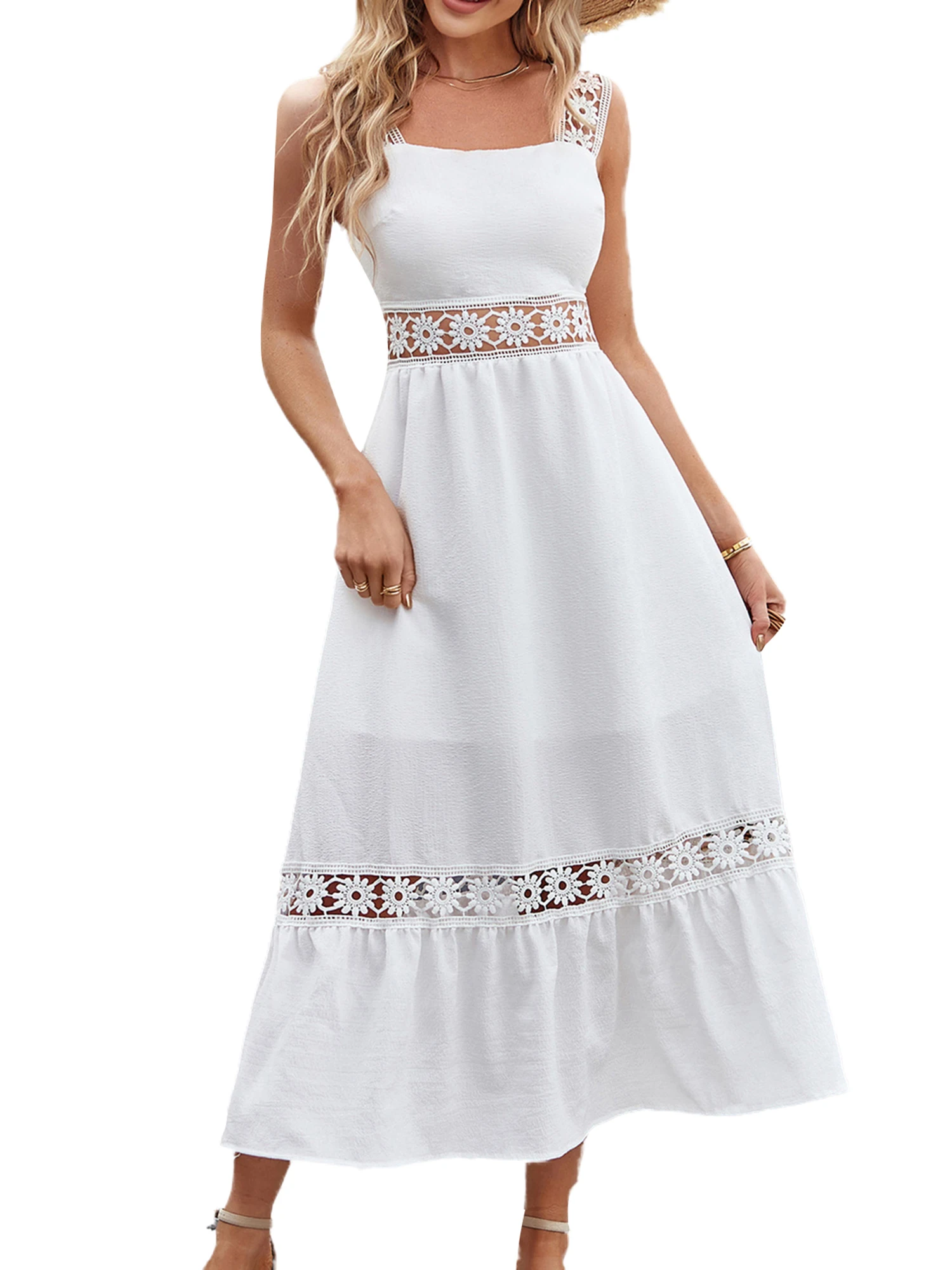 

Women s Elegant Lace Patchwork A-Line Maxi Dress with Square Neckline and Cutout Details - Perfect for Cocktail Parties Beach