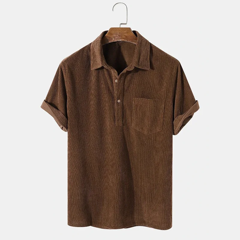 

Corduroy Button Mens Shirts Up Short Masculina New Shirt For Brown Men Sleeve Fashion Camisa