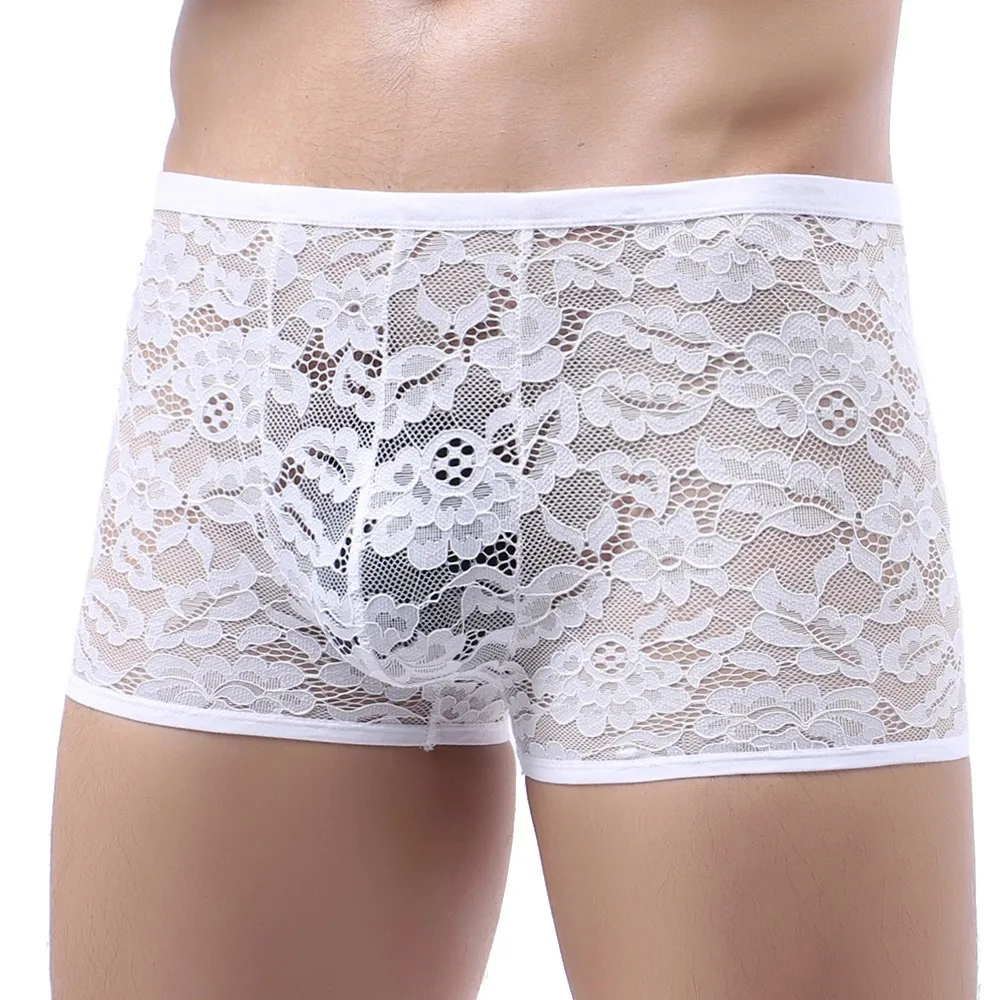 

Low Rise Sexy Mens Sheer See Through Boxer Briefs Underwear Lace Shorts Underpants Sexy Lingerie Erotic Cuecas Masculinas 2021