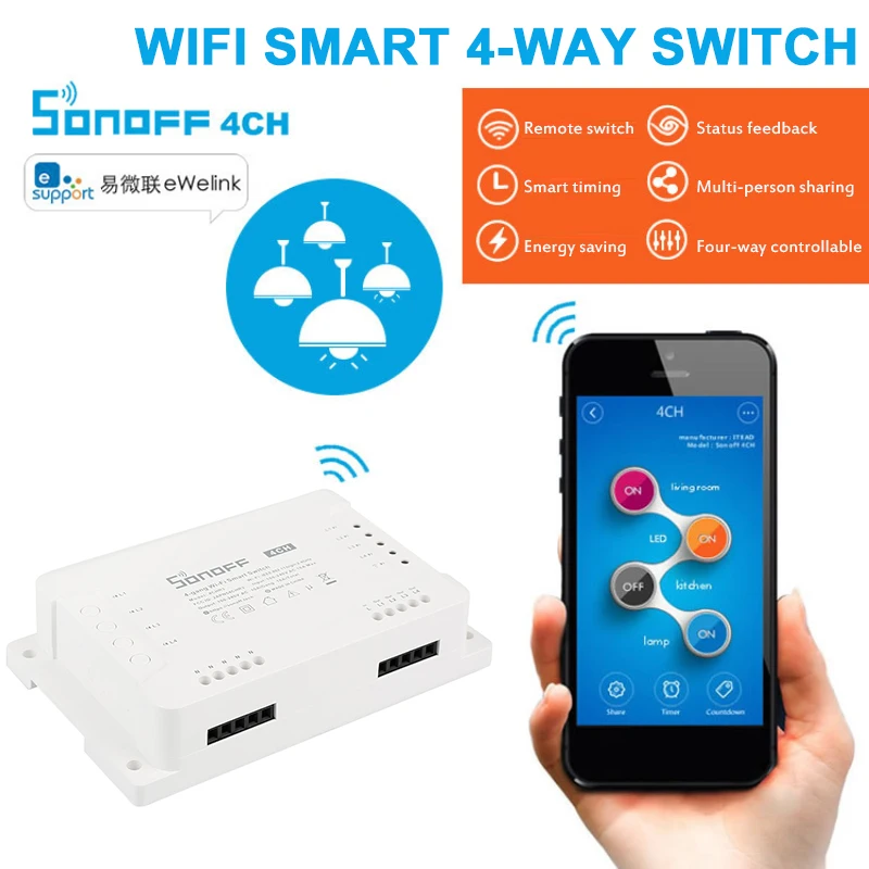 Умный переключатель Sonoff 4CHR3, 4 клавиши, Wi-Fi, 4 канала, электронный переключатель, управление приложением на IOS, Android, работает с Alexa Google Home
Умный переключатель Sonoff 4CHR3, 4 клавиши, Wi-Fi, 4 канала, электронный переключатель, управление приложением на IOS, Android, работает с Alexa Google Home