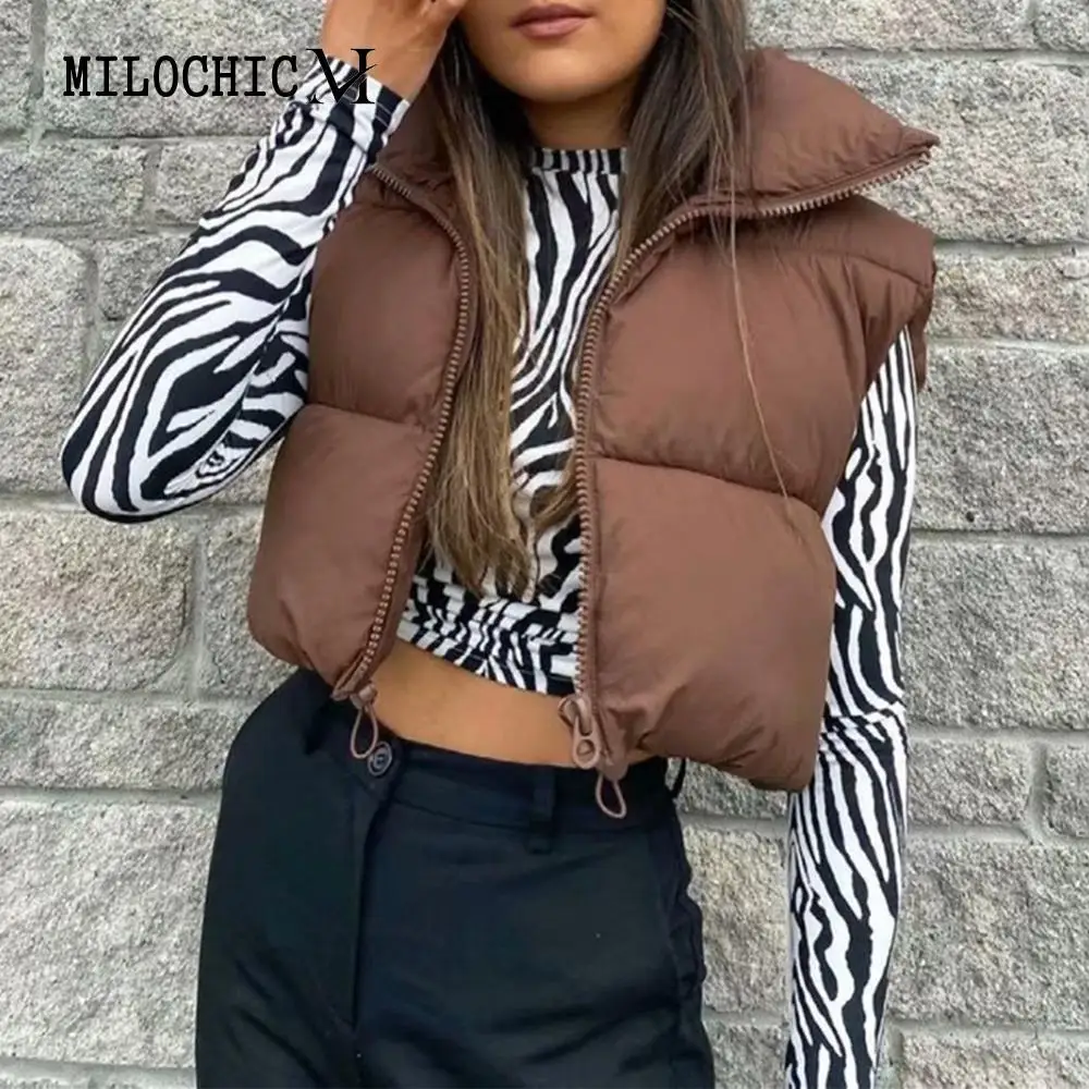 

Women Puffer Warm Jacket Lightweight Padded Down Coat Comfy Quilted Cropped Vest Winter Gilet Waistcoat Street Style