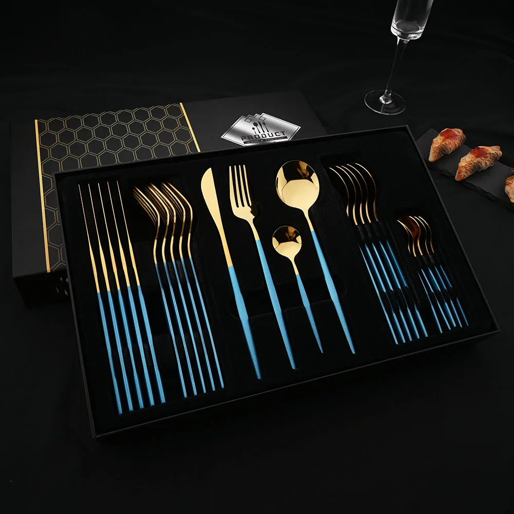 24Pcs Blue Gold Dinnerware Set Stainless Steel Flatware Cutlery Set Knive Fork Spoon Wedding Tableware Silverware Set Gift Box
24Pcs Blue Gold Dinnerware Set Stainless Steel Flatware Cutlery Set Knive Fork Spoon Wedding Tableware Silverware Set Gift Box